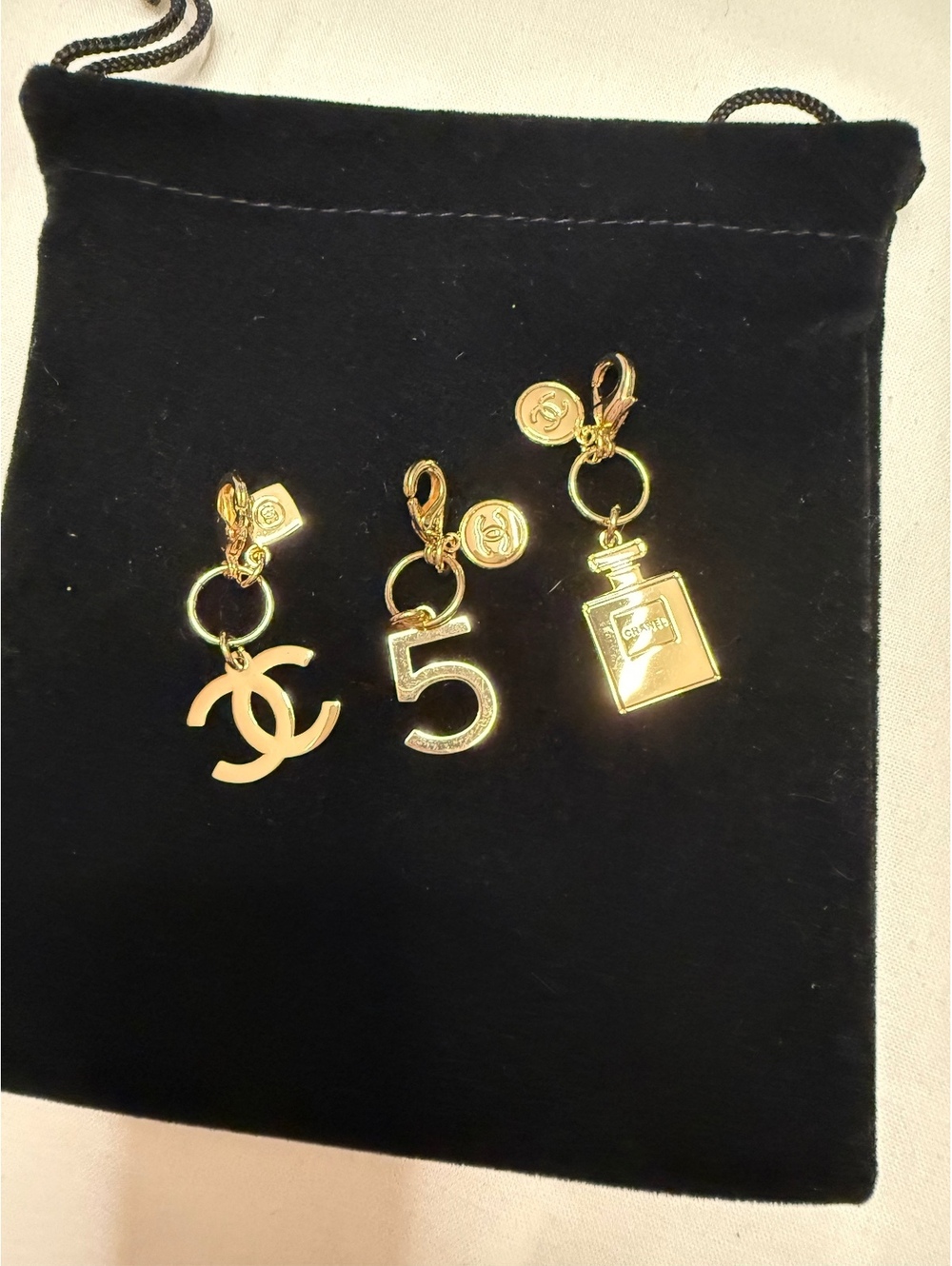 CHANEL Charm Set – CC Logo, No. 5 & Perfume Bottle Gold Tone Charms with pouch